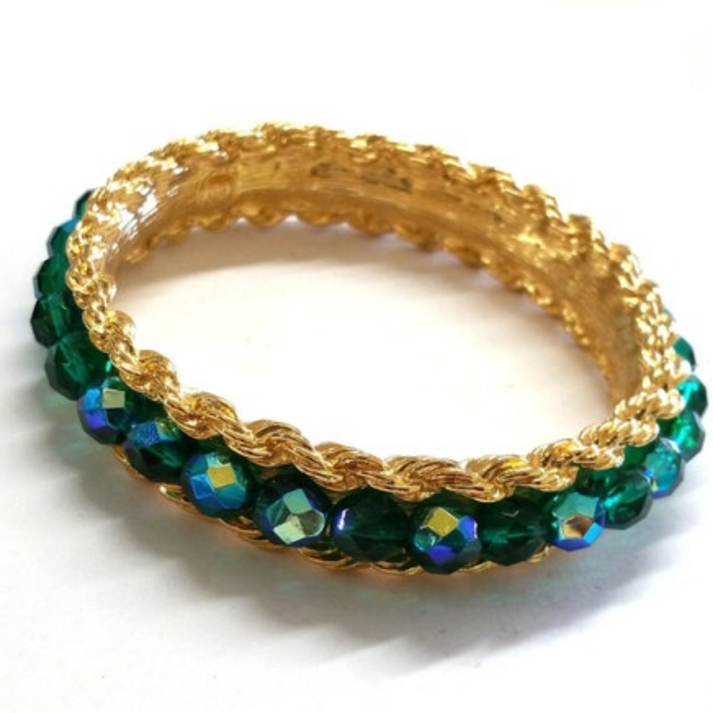 Vintage Givenchy Gold Rope Green Crystal Beaded Bangle